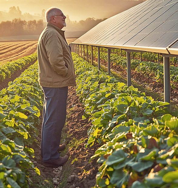 Agri-PV Marsberg: Zufriedener Landwirt mit moderner Photovoltaikanlage auf dem Feld – nachhaltige Energie für Landwirtschaft in Büren und Bad Wünnenberg.