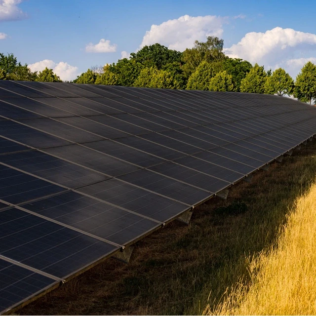 Freifläche mit einer Photovoltaikanlage. Die PV-Module sind gleichmäßig auf dem Feld verteilt.