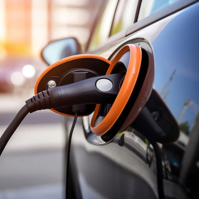 Ladeöffnung eines Elektroautos mit angeschlossenem Ladestecker einer Wallbox 11kw zeigt den Ladevorgang mit Solarenergie.